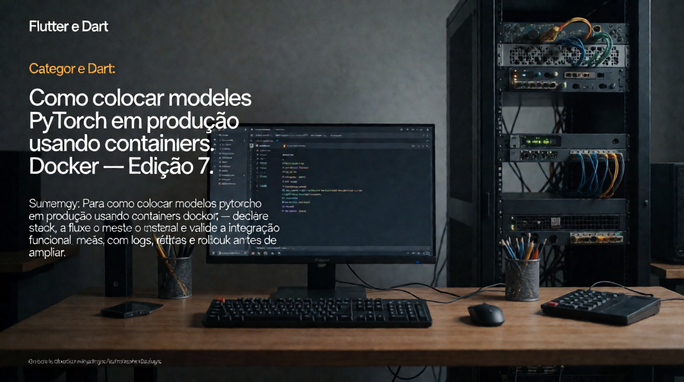 Capa editorial local sobre flutter e dart; tema: Como colocar modelos PyTorch em produção usando containers Docker — Edição 7