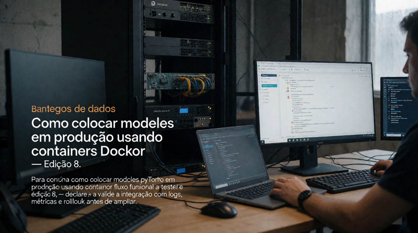Capa editorial local sobre bancos de dados; tema: Como colocar modelos PyTorch em produção usando containers Docker — Edição 8