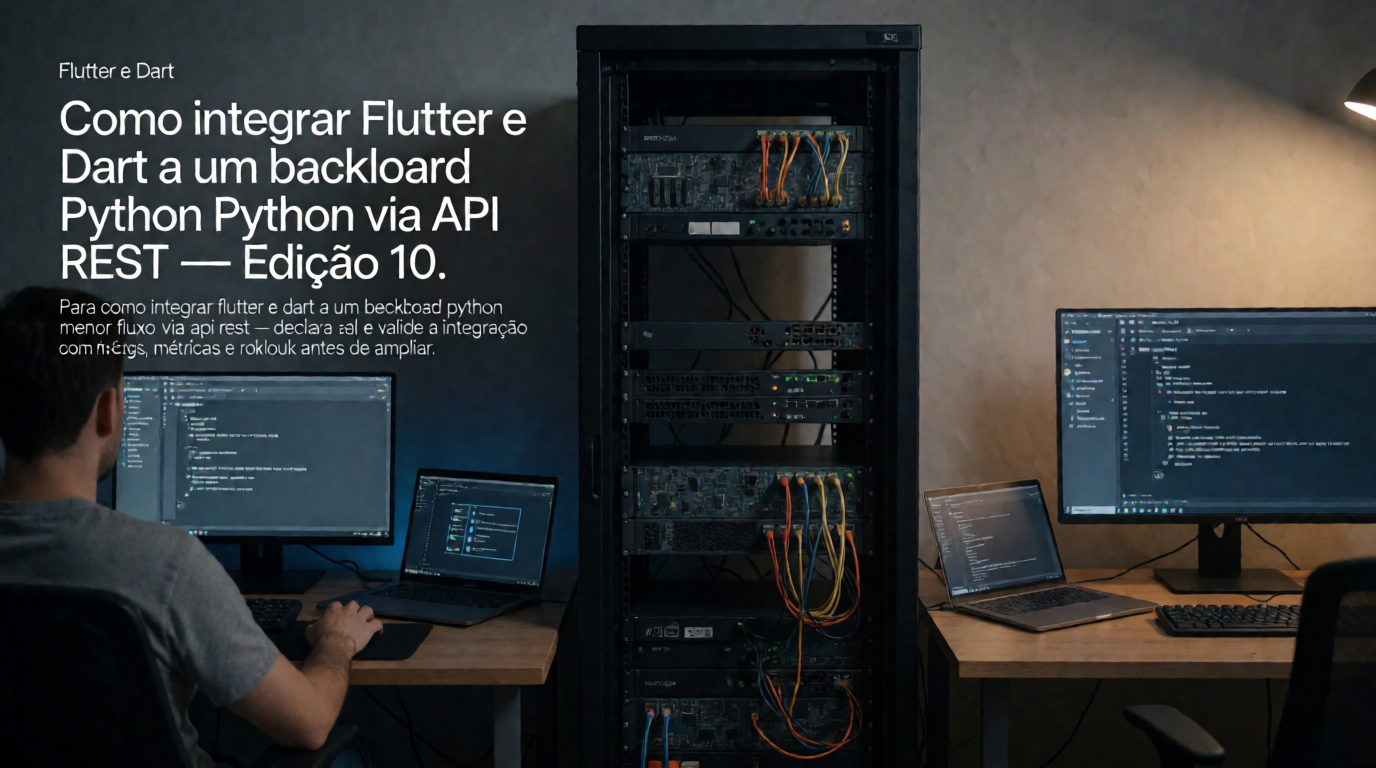 Capa editorial local sobre flutter e dart; tema: Como integrar Flutter e Dart a um backend Python via API REST — Edição 10