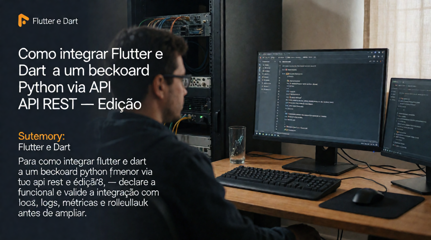 Capa editorial local sobre flutter e dart; tema: Como integrar Flutter e Dart a um backend Python via API REST