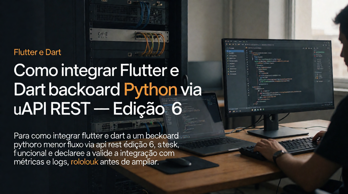 Capa editorial local sobre flutter e dart; tema: Como integrar Flutter e Dart a um backend Python via API REST — Edição 6