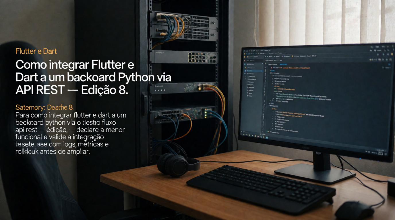Capa editorial local sobre flutter e dart; tema: Como integrar Flutter e Dart a um backend Python via API REST — Edição 8