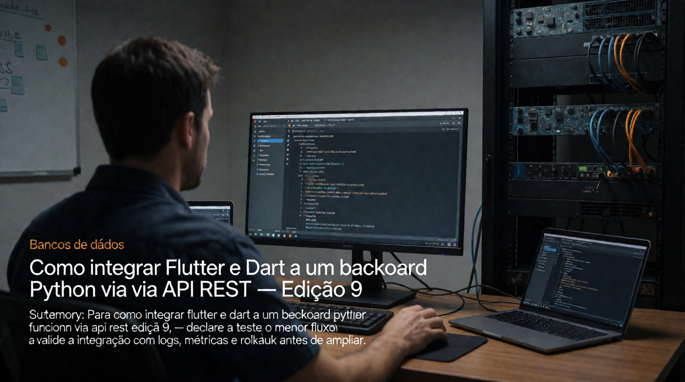 Capa editorial local sobre bancos de dados; tema: Como integrar Flutter e Dart a um backend Python via API REST — Edição 9