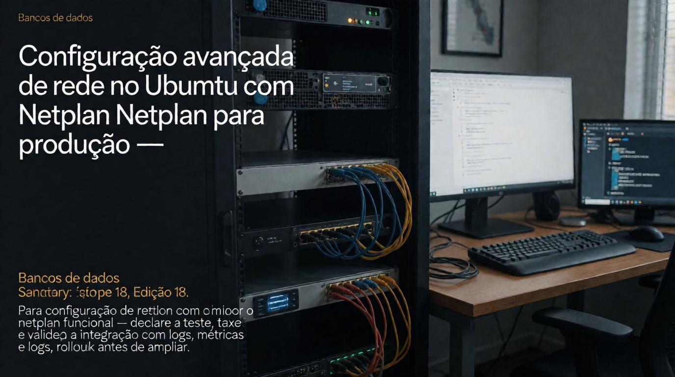 Capa editorial local sobre bancos de dados; tema: Configuração avançada de rede no Ubuntu com Netplan para produção
