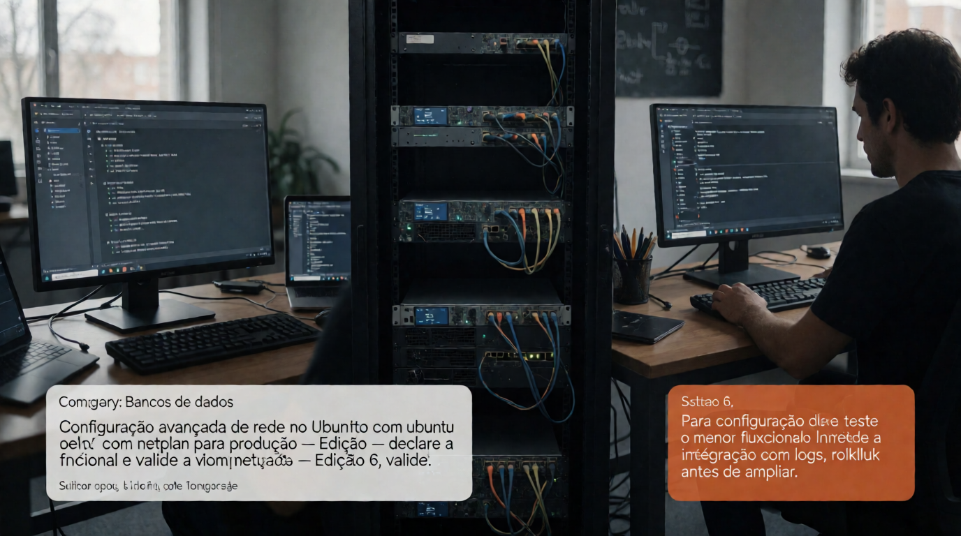 Capa editorial local sobre bancos de dados; tema: Configuração avançada de rede no Ubuntu com Netplan para produção — Edição 6
