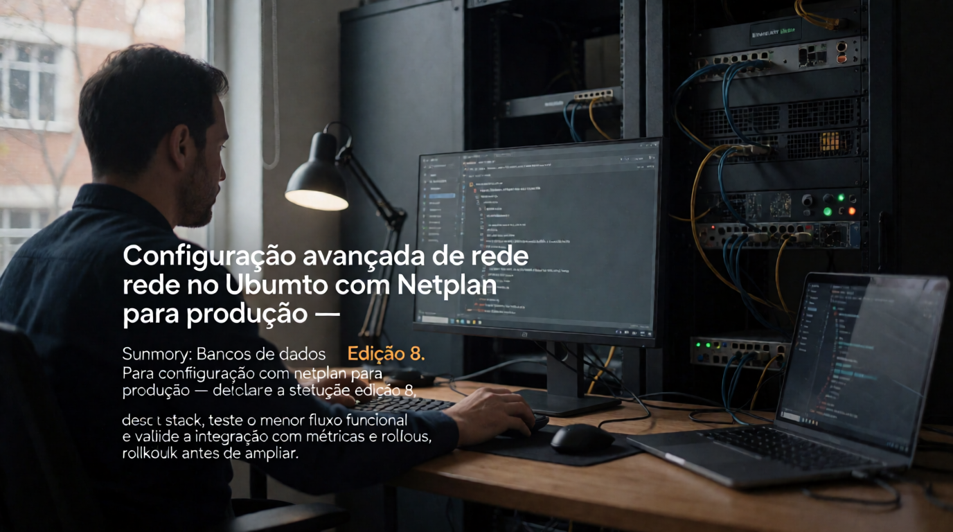 Capa editorial local sobre bancos de dados; tema: Configuração avançada de rede no Ubuntu com Netplan para produção — Edição 8