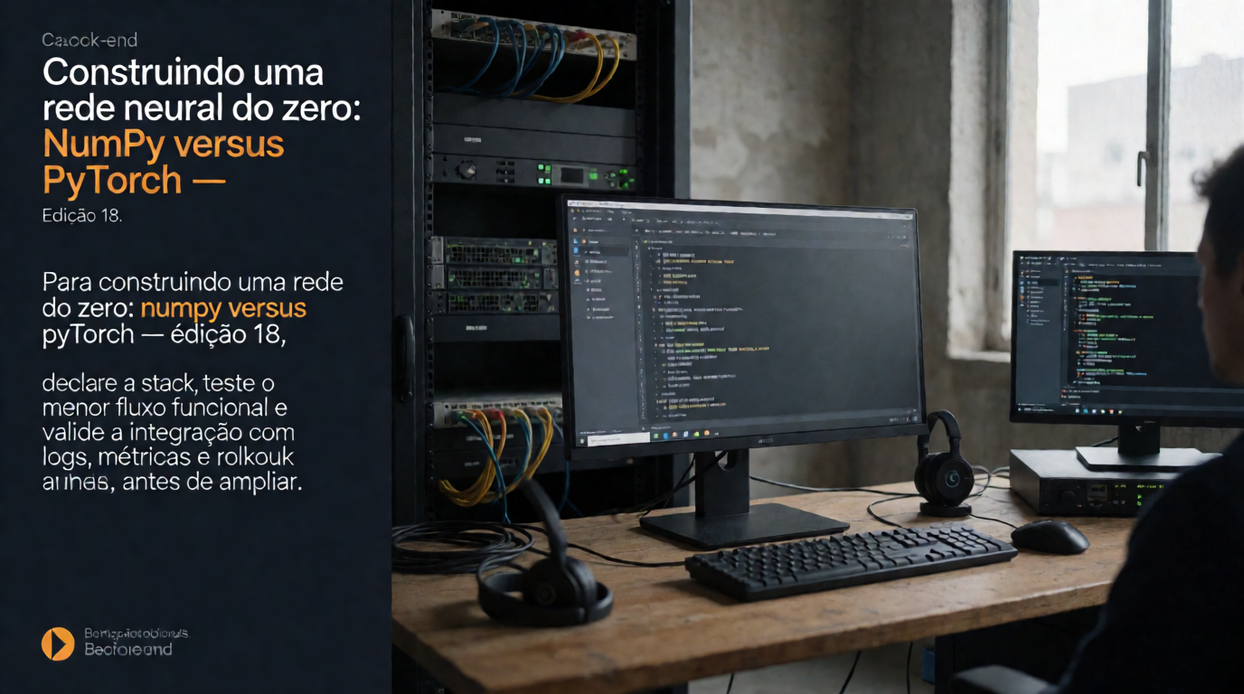 Capa editorial local sobre back-end; tema: Construindo uma rede neural do zero: NumPy versus PyTorch