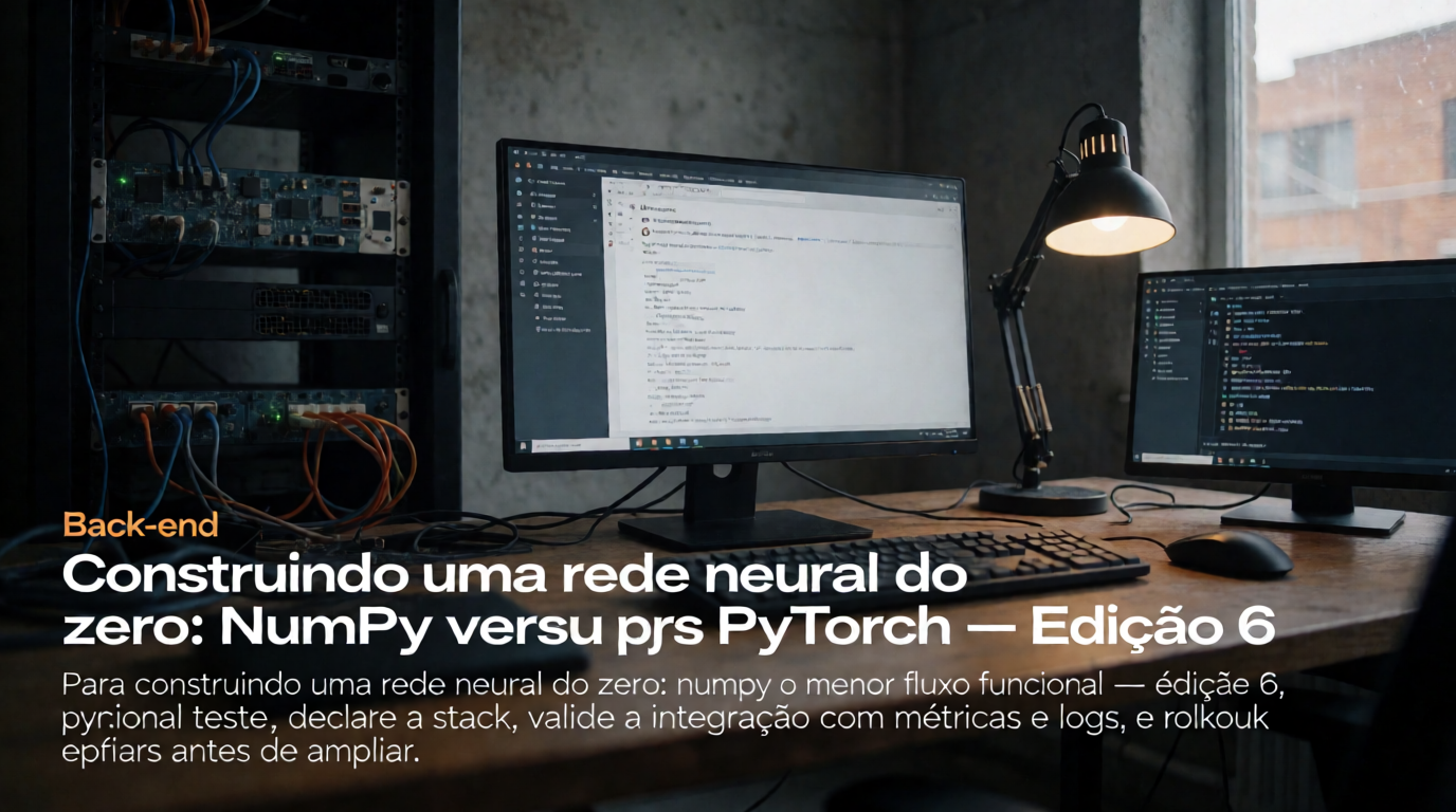 Capa editorial local sobre back-end; tema: Construindo uma rede neural do zero: NumPy versus PyTorch — Edição 6
