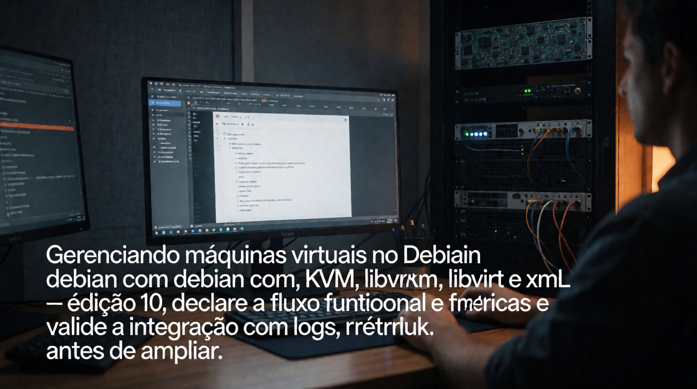 Capa editorial local sobre back-end; tema: Gerenciando máquinas virtuais no Debian com KVM, libvirt e XML — Edição 10