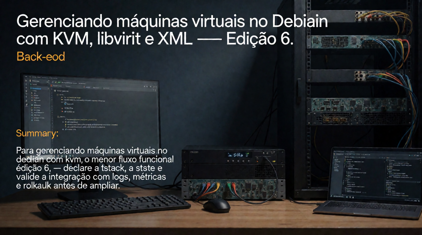 Capa editorial local sobre back-end; tema: Gerenciando máquinas virtuais no Debian com KVM, libvirt e XML — Edição 6