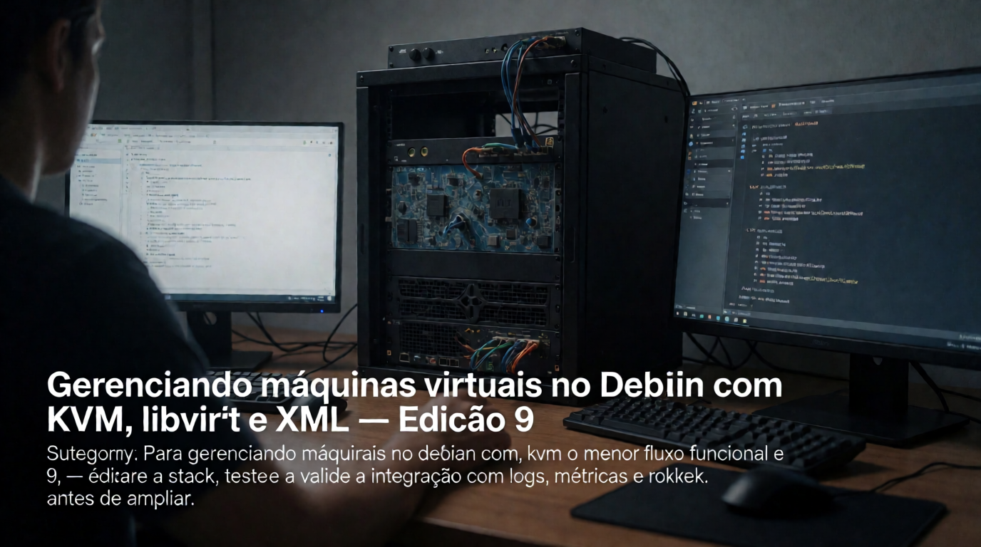 Capa editorial local sobre ia; tema: Gerenciando máquinas virtuais no Debian com KVM, libvirt e XML — Edição 9