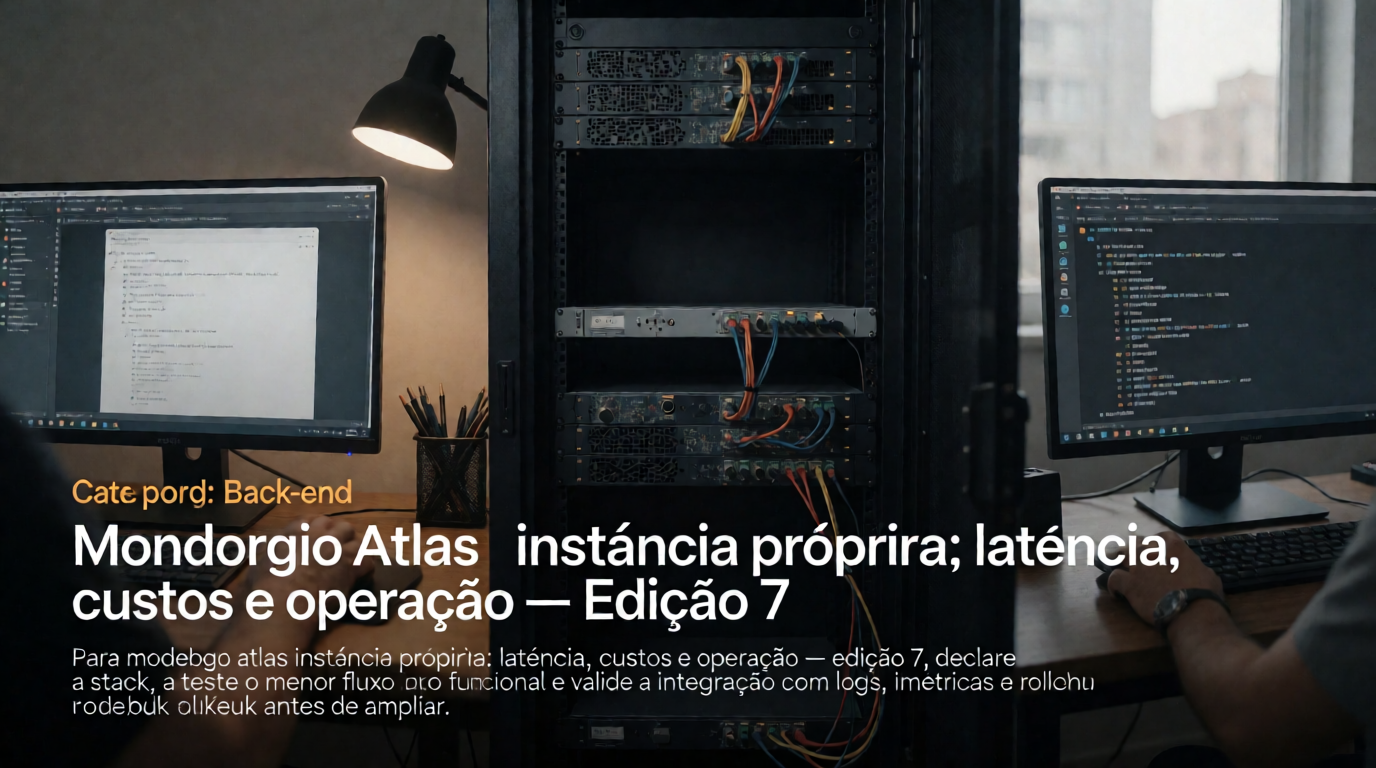 Capa editorial local sobre back-end; tema: MongoDB Atlas versus instância própria: latência, custos e operação — Edição 7