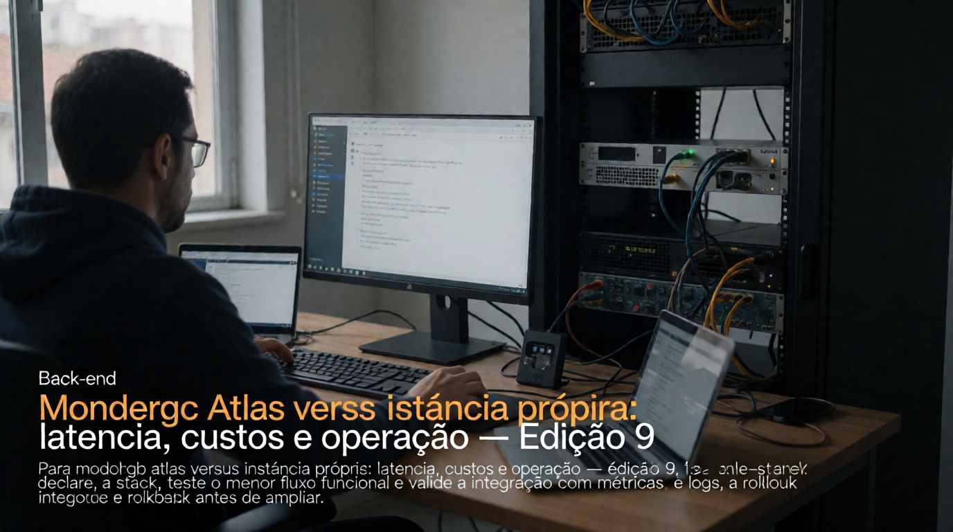 Capa editorial local sobre back-end; tema: MongoDB Atlas versus instância própria: latência, custos e operação — Edição 9