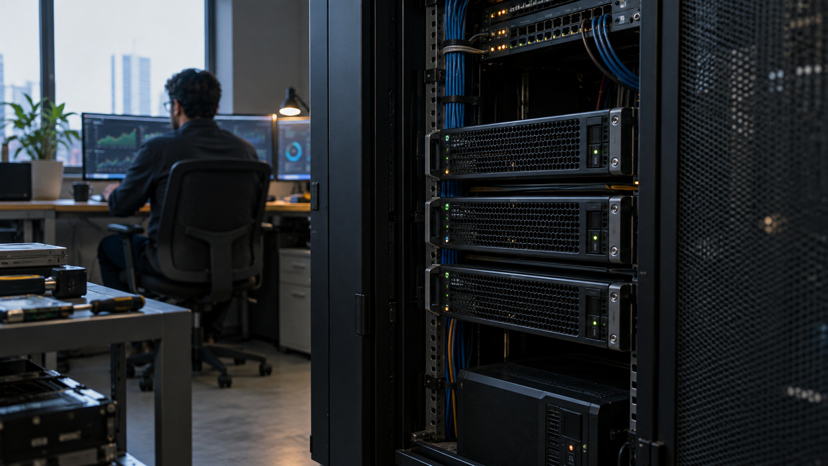 Rack de servidores e painel de operações representando a escolha entre MongoDB Atlas e um cluster self-hosted