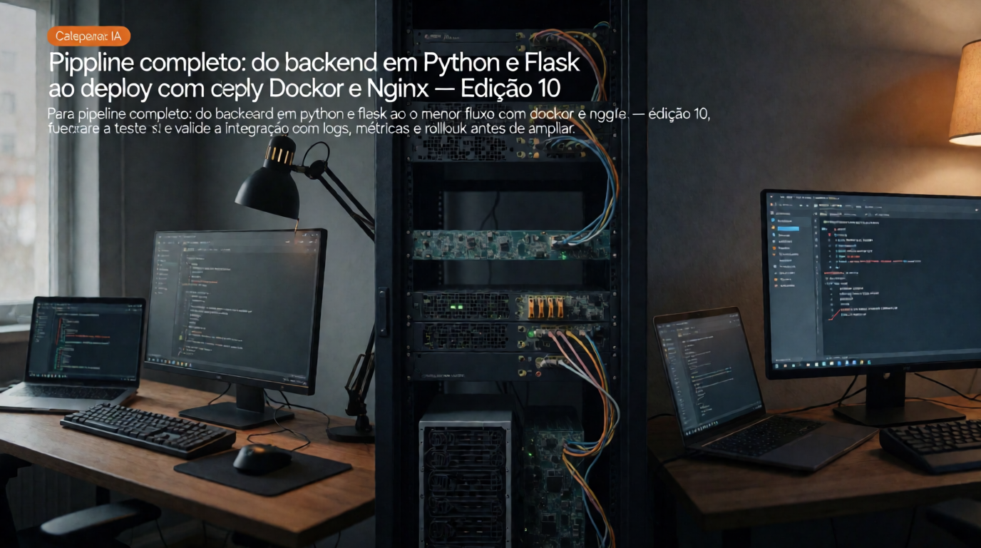Capa editorial local sobre ia; tema: Pipeline completo: do backend em Python e Flask ao deploy com Docker e Nginx — Edição 10