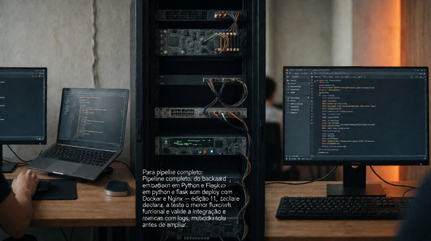 Capa editorial local sobre back-end; tema: Pipeline completo: do backend em Python e Flask ao deploy com Docker e Nginx — Edição 11