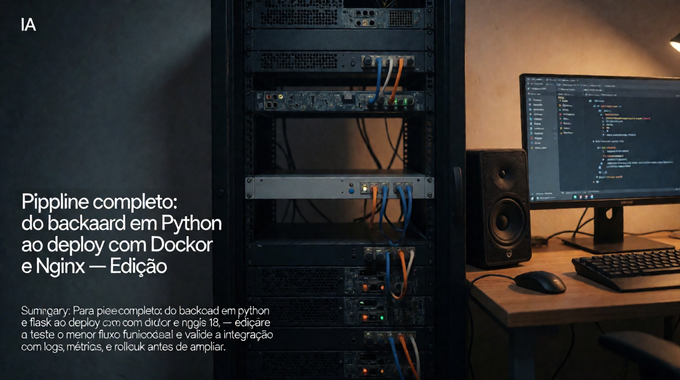 Capa editorial local sobre ia; tema: Pipeline completo: do backend em Python e Flask ao deploy com Docker e Nginx