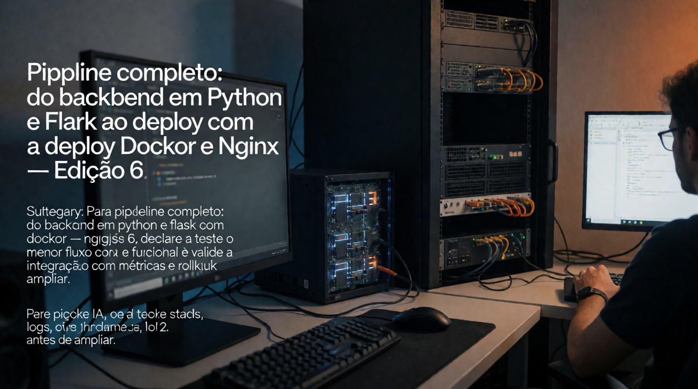 Capa editorial local sobre ia; tema: Pipeline completo: do backend em Python e Flask ao deploy com Docker e Nginx — Edição 6