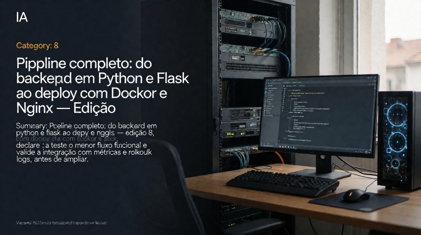 Capa editorial local sobre ia; tema: Pipeline completo: do backend em Python e Flask ao deploy com Docker e Nginx — Edição 8