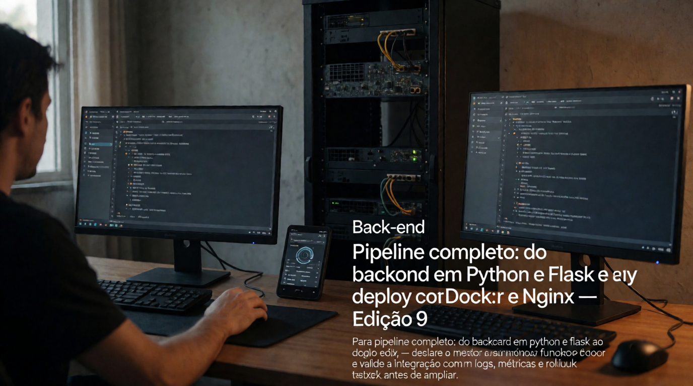 Capa editorial local sobre back-end; tema: Pipeline completo: do backend em Python e Flask ao deploy com Docker e Nginx — Edição 9