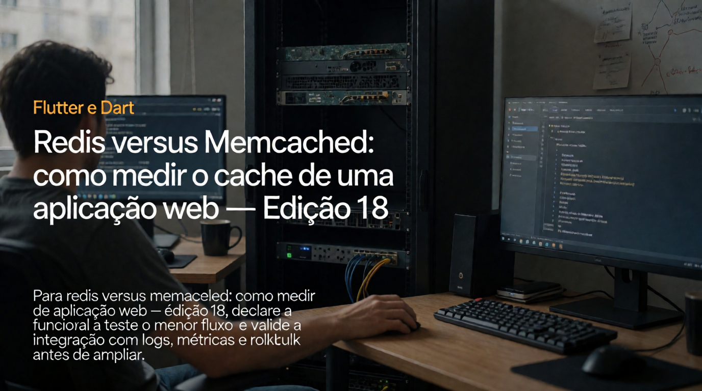 Capa editorial local sobre flutter e dart; tema: Redis versus Memcached: como medir o cache de uma aplicação web