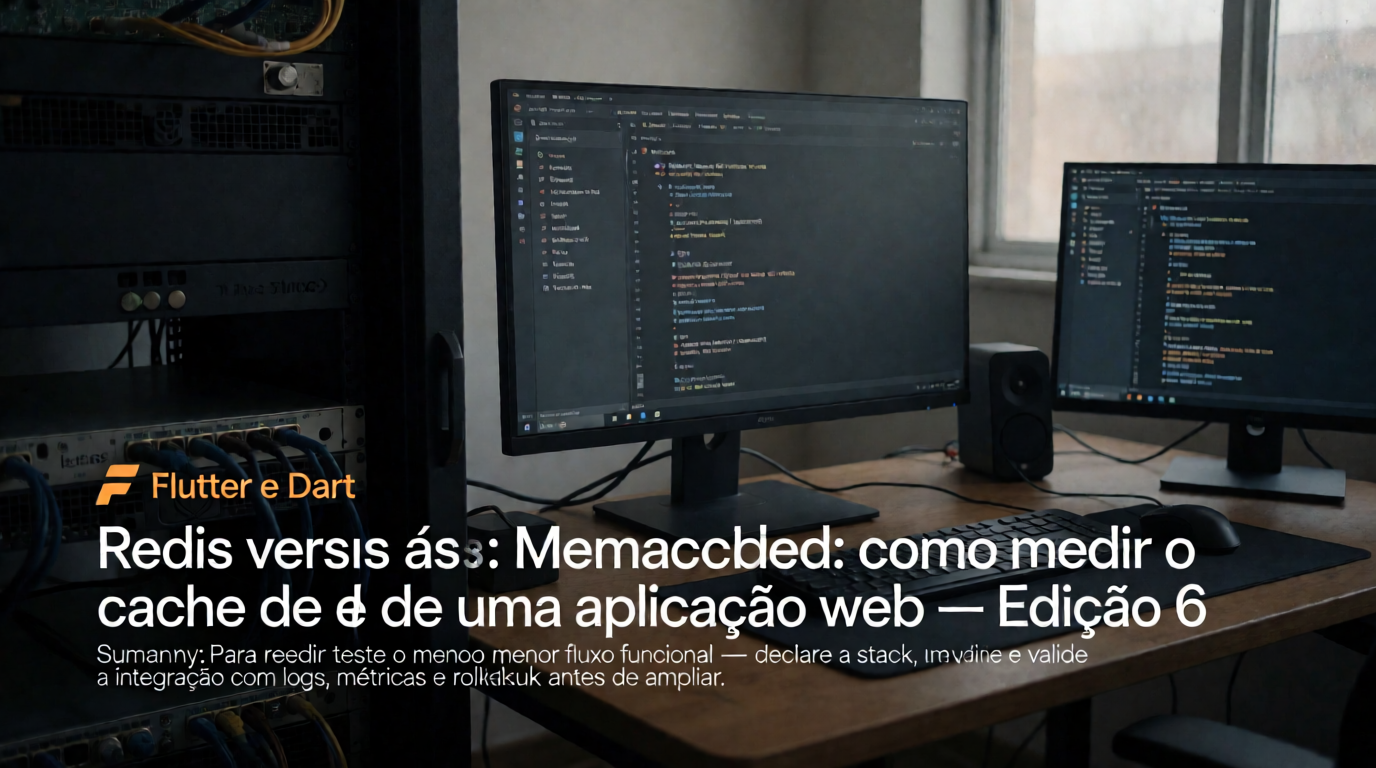 Capa editorial local sobre flutter e dart; tema: Redis versus Memcached: como medir o cache de uma aplicação web — Edição 6