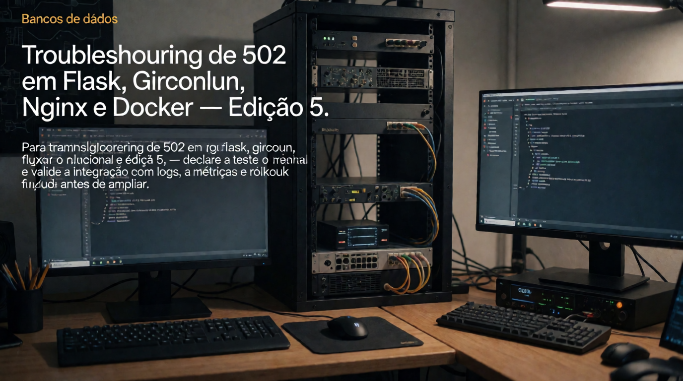Capa editorial local sobre bancos de dados; tema: Troubleshooting de 502 em Flask, Gunicorn, Nginx e Docker — Edição 5