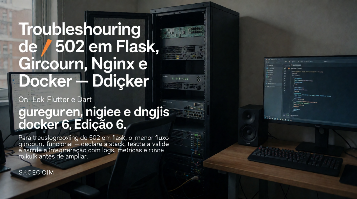 Capa editorial local sobre flutter e dart; tema: Troubleshooting de 502 em Flask, Gunicorn, Nginx e Docker — Edição 6