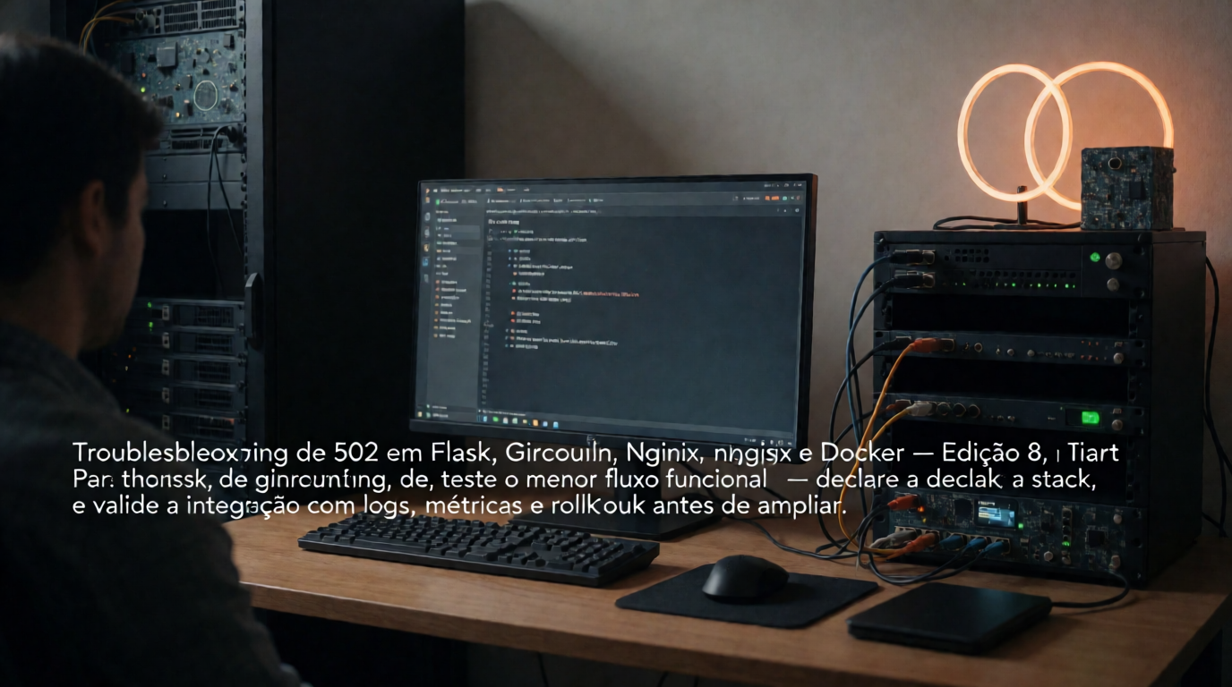 Capa editorial local sobre flutter e dart; tema: Troubleshooting de 502 em Flask, Gunicorn, Nginx e Docker — Edição 8